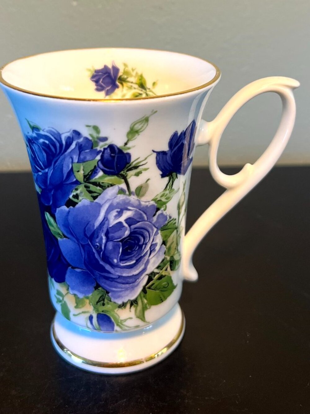 Vtg Royale Garden Bone China Pedestal Cup Blue Rose Gold Gilt Romania England